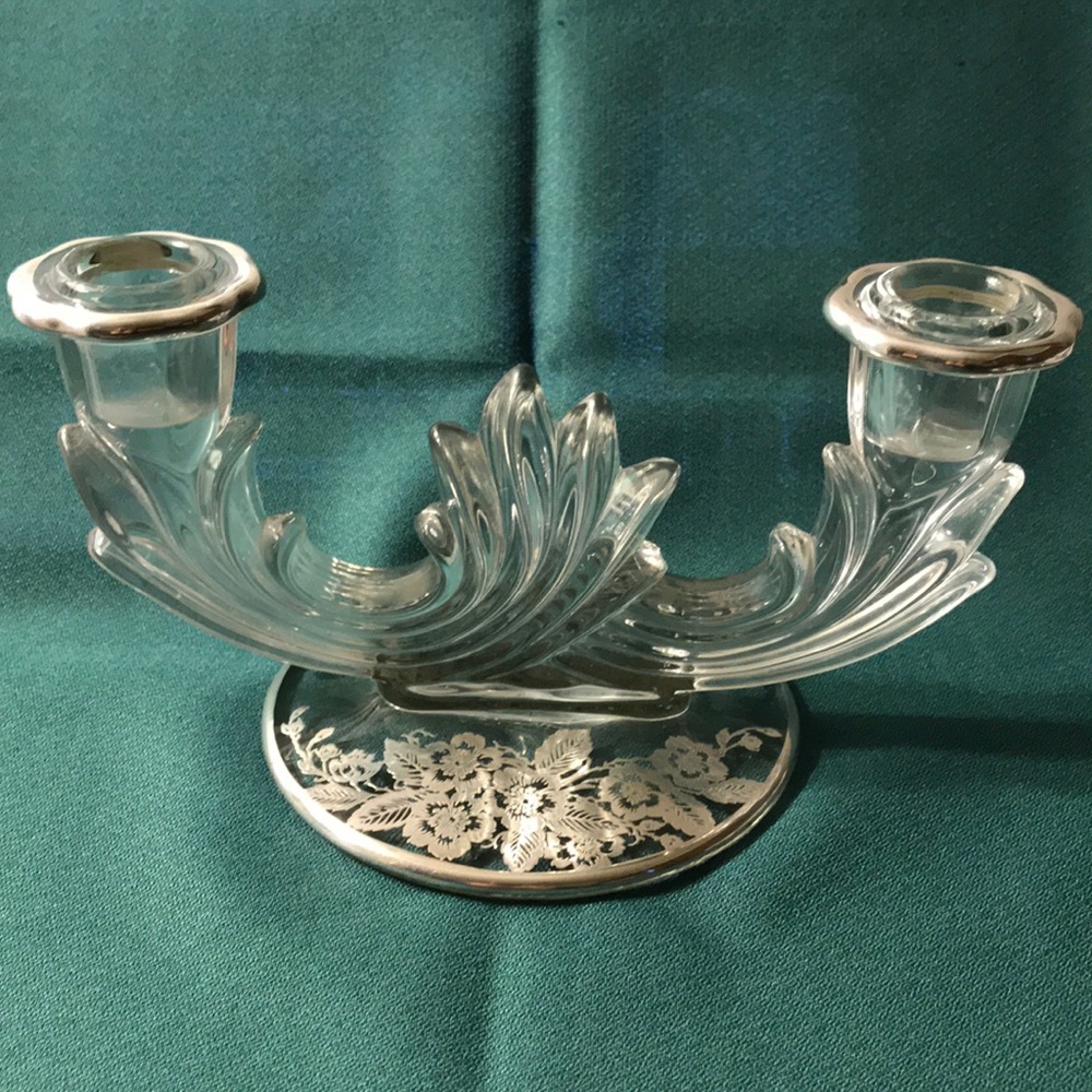 Vintage Glass Double Candlestick Silver Overlay